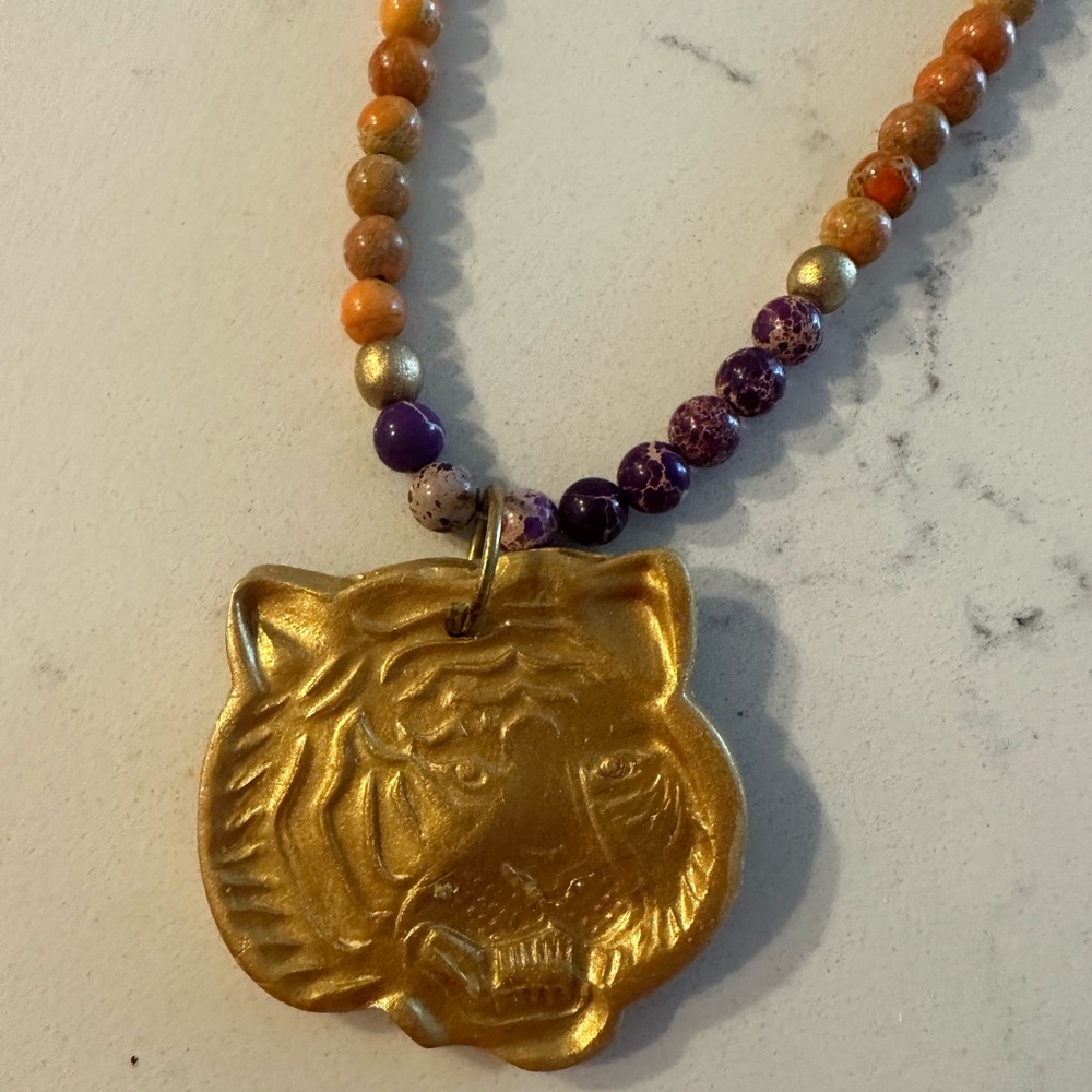 Orange and Purple Sea Sediment Jasper Necklace with Tiger Clemson